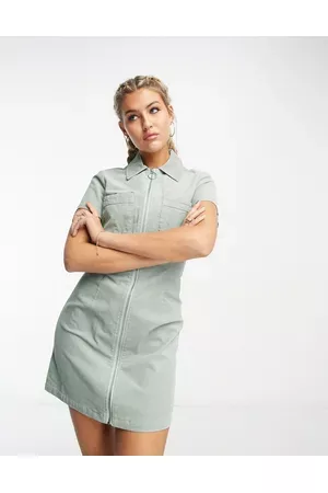 ASOS Cord mini shirt dress with zip in sage