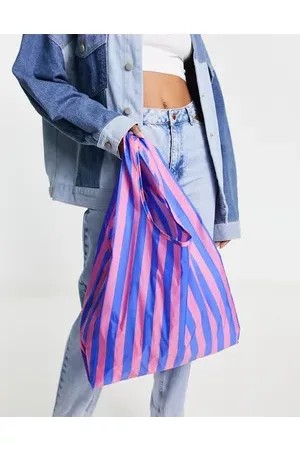 Baggu Standard nylon shopper tote bag in blue pink awning stripe