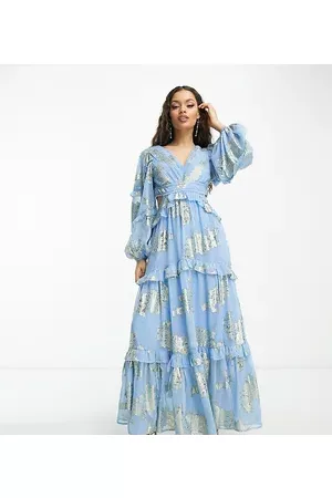 ASOS Women Printed Dresses - ASOS DESIGN Petite plunge pintuck maxi dress with cut out and frills in blue metallic floral jacquard