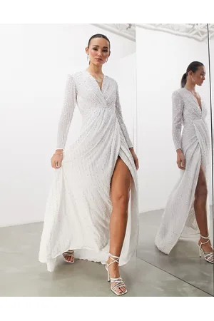 ASOS Women Party Dresses - Alexa sequin long sleeve wrap wedding dress in