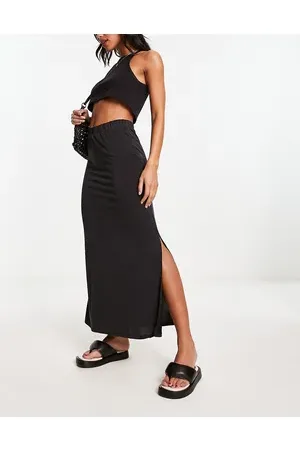 VILA Slinky maxi skirt with slit sides in black