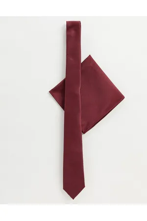 ASOS Satin slim tie & pocket square in burgundy
