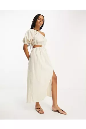 ASOS Linen one shoulder midi dress in natural