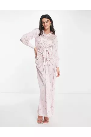ASOS Gathered detail maxi shirt dress with belt in pink ditsy print