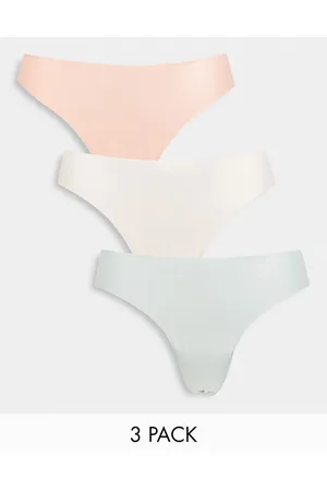 ASOS 3 pack thong in no VPL & lace in lilac, blue & blossom