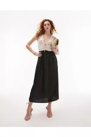 Topshop Linen and satin channeled midi dress in neutral colour block