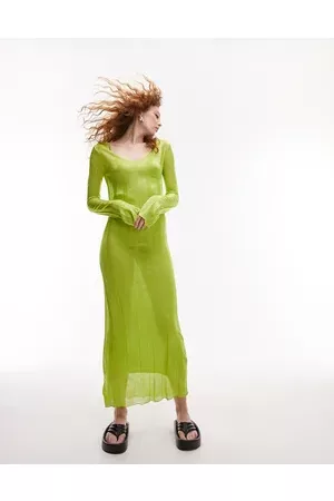 Topshop Women Knitted Dresses - Knitted long sleeve sheer dress in lime