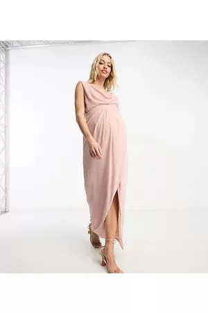 TFNC Bridesmaid chiffon wrap maxi dress with cowl neck front and back in mauve
