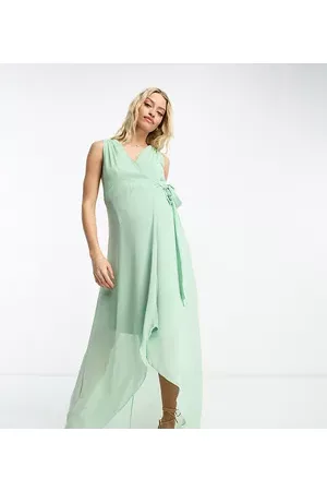 TFNC Women Maxi Dresses - Bridesmaid chiffon wrap maxi dress in sage green