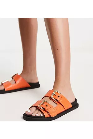 London Rebel Women Flip Flops - Chunky double buckle footbed sliders in orange