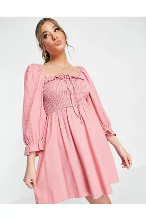 New Look 3/4 sleeve square neck shirred frill mini dress in