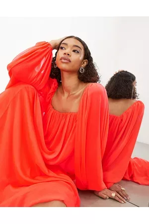 ASOS Women Maxi Dresses - Square neck chiffon maxi dress in neon coral