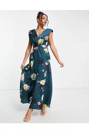 Liquorish Plunge front maxi dress in teal floral print