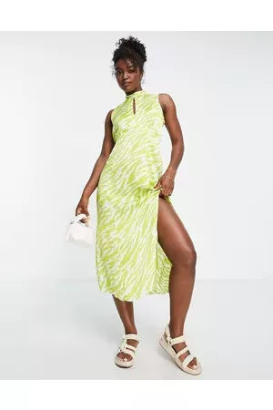New Look Women Casual Dresses - High neck keyhole midi dress with side split in lime zebra print