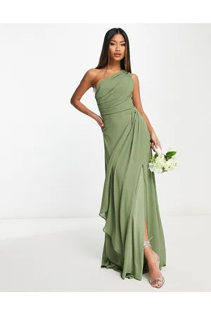 TFNC Women Maxi Dresses - Bridesmaid chiffon one shoulder drape maxi dress in dusky sage green