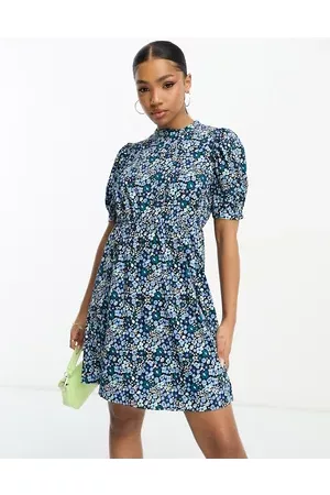 Pieces High neck tiered mini dress in ditsy floral