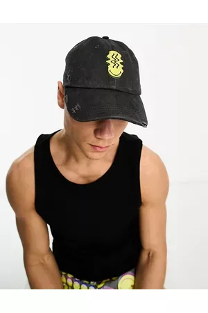 ASOS Men Caps - Smiley Collab soft baseball cap with rubberised logo in distressed