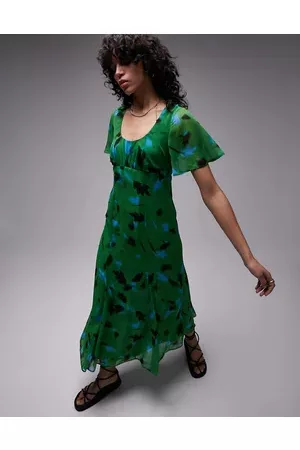 Topshop Women Casual Dresses - Printed floral midi tea dress in green and blue floral