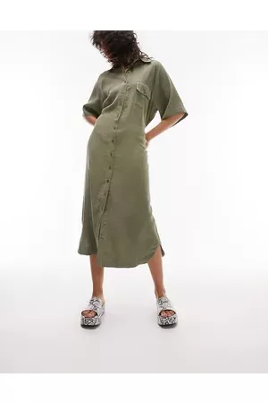 Topshop Women Casual Dresses - Oversized topstitch midi shirtdress in khaki