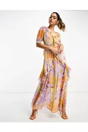 River Island Women Printed Dresses - Floral frill detail maxi dress in
