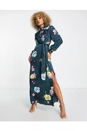 Liquorish Women Printed Dresses - Satin maxi dress with waist detail and keyhole front in teal floral