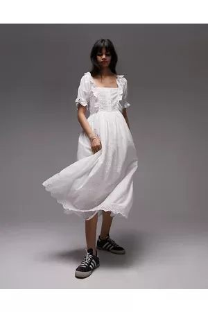 Topshop Women Casual Dresses - Square neck heart broderie midi dress in ivory