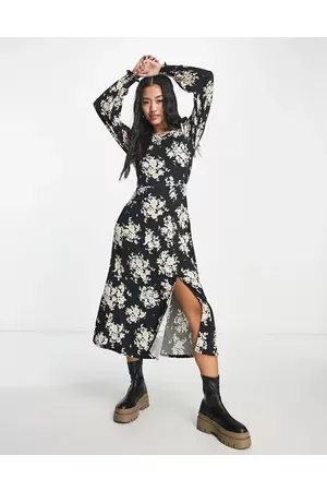 Pieces Women Casual Dresses - Floral printed midi dress with side split in black