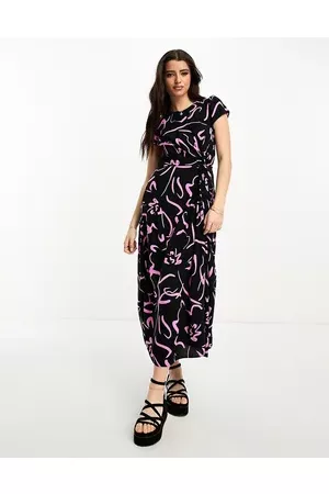 New Look Women Printed Dresses - Ruched tie waist midi dress in and pink swirl print