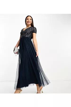 Maya v neck maxi tulle dress with contrast tonal clearance delicate sequins in navy