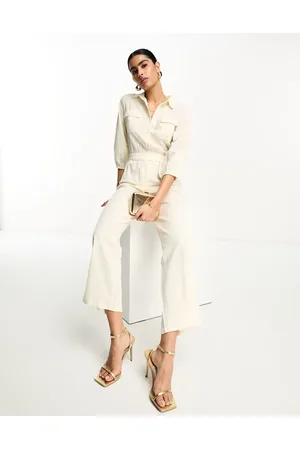 Pretty Lavish Tie waist utility jumpsuit in cream