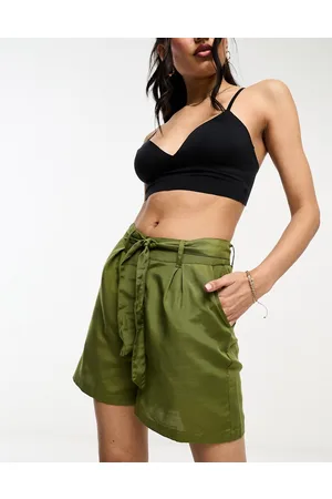Threadbare Linen look tie waist shorts in khaki