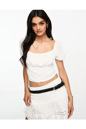 Hollister long sleeve waffle button up crop top in white