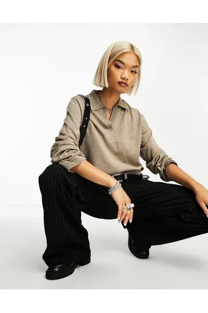 Object V neck knitted polo jumper in fossil beige melange