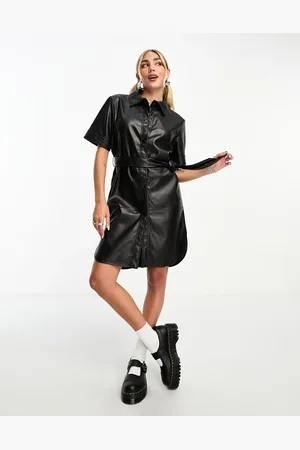 Noisy May Faux leather button down tie waist mini dress in