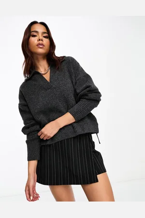 Monki Long sleeve collar knitted sweater in dark