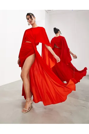 ASOS DESIGN asymmetric one sleeve mesh ruched midi dress in red