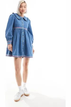 Neon Rose Rik-rak detail denim mini smock dress in