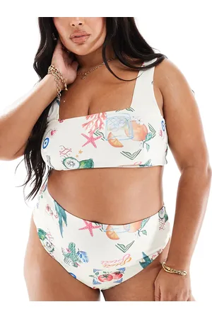 ASOS Curve high leg high waist bikini bottom in postcard print