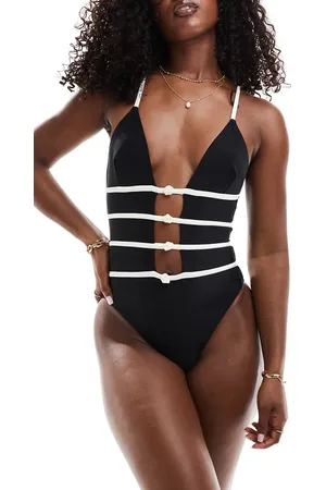 Kaiia Plunge cut out rose detail swimsuit in monochrome
