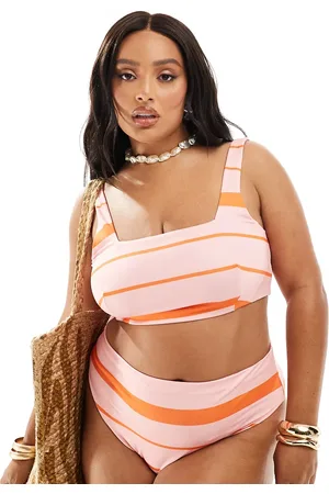 ASOS Curve Mia high leg high waist bikini bottom in pink & orange stripe