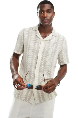 Hollister Short sleeve revere collar stripe crochet shirt in cream/tan