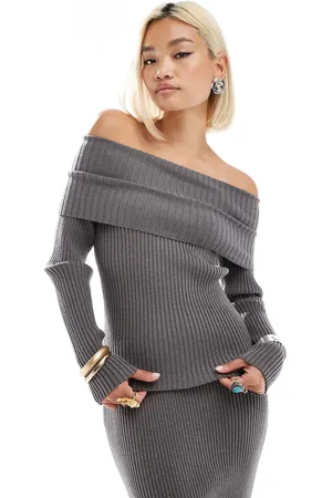 Glamorous Off shoulder rib knit jumper in charcoal co-ird