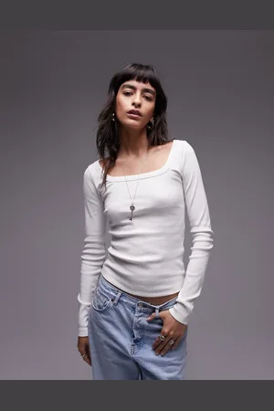 Topshop Square neck long sleeve top in ecru