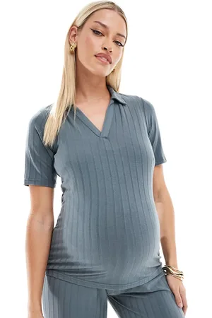 Mama;licious Mamalicious Maternity mix & match ribbed jersey polo co-ord in asphalt