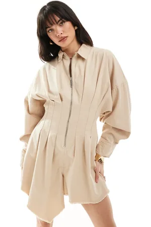 ASOS Nipped in waist playsuit with blouson shirt in oatmeal