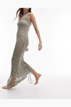Topshop Knitted maxi beach dress in khaki and cream