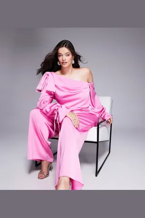 ASOS Curve satin off shoulder wide leg jumpsuit with bow in