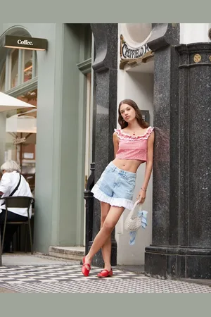 Miss Selfridge Denim short with broderie hem