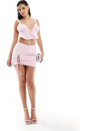 Missyempire Tie side lace trim mini skirt co-ord in baby