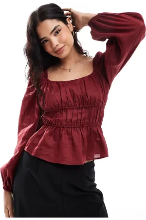 & OTHER STORIES Linen blend long sleeve ruched top in burgundy